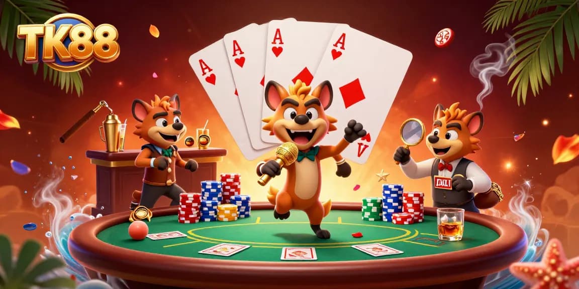 TK88 enhances the thrill of gambling with hyena characters in a vibrant casino scene.