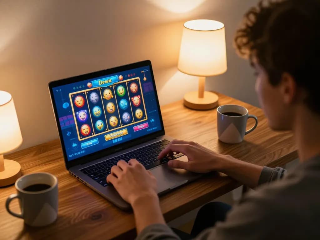Engaging in dewa slot gameplay on a cozy home setup, showcasing a vibrant online casino experience.