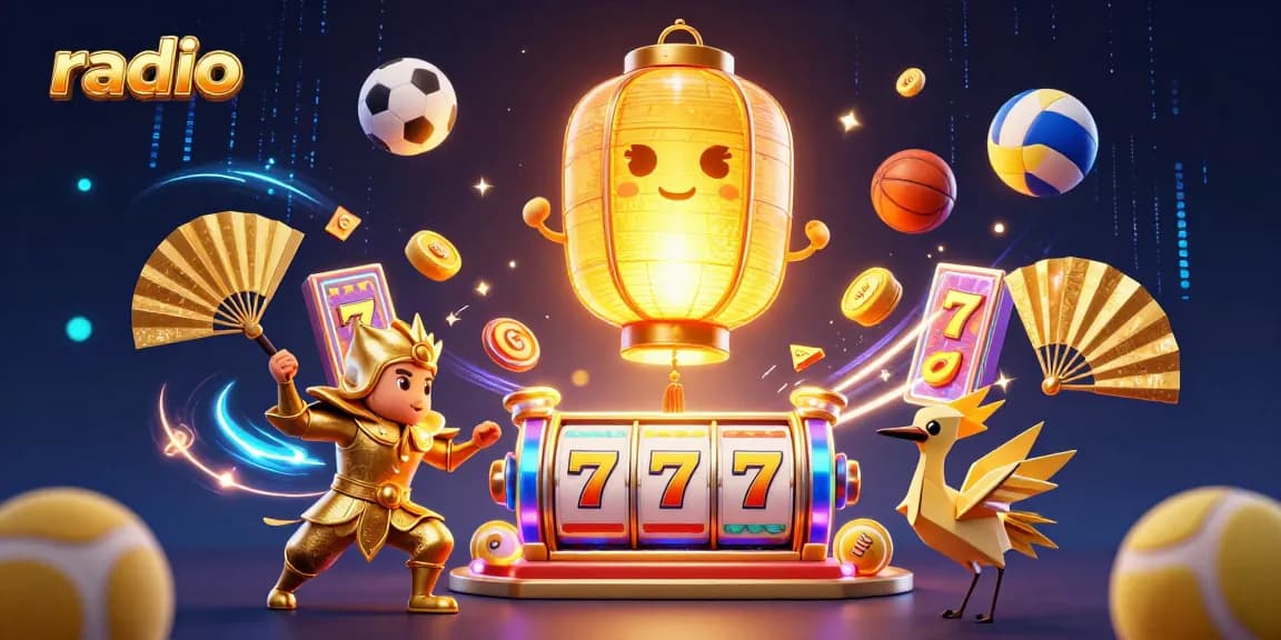 Immerse in online gaming with radio-themed golden lantern spirits lighting up a vibrant casino scene with lucky symbols.