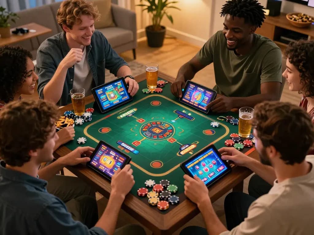 Mega888 Online players enjoying a lively home game night with colorful chips and devices showing gameplay action.