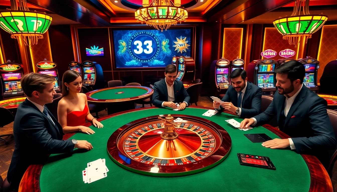 Experience the thrill of 13win's casino with vibrant tables, elegant players, and a stunning roulette wheel.