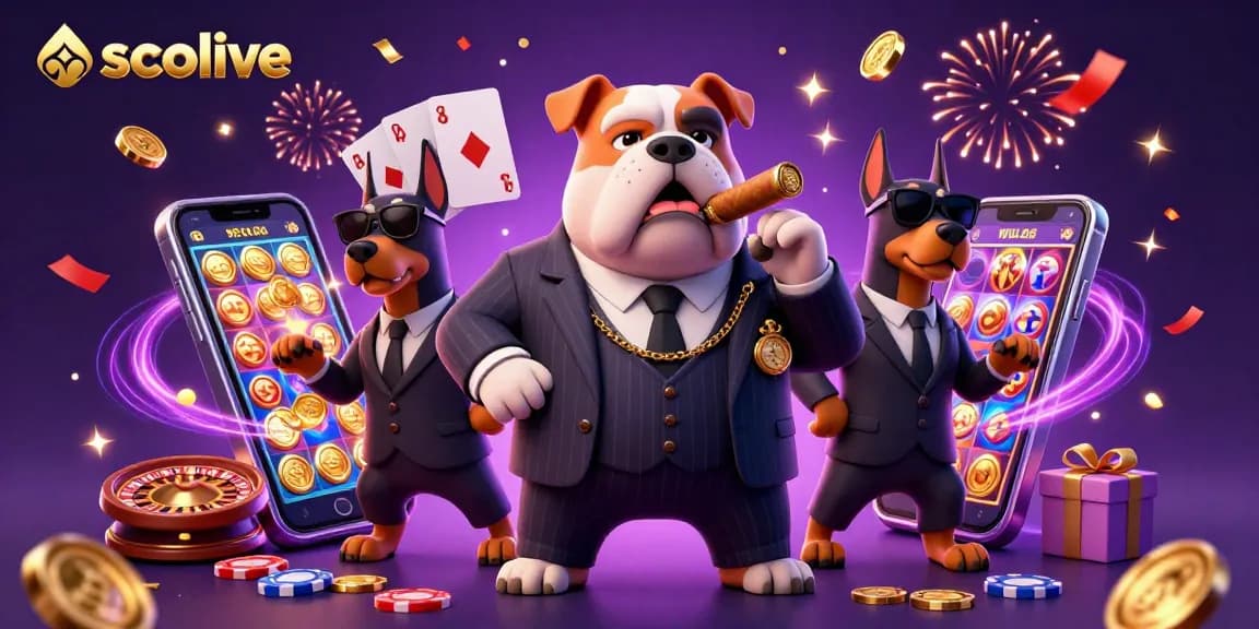 Socolive showcases a vibrant 3D scene featuring a bulldog boss and his Doberman bodyguards celebrating with gambling elements like slots and cards.