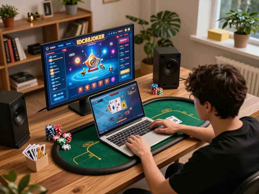 Engaged player enjoying IDC88JOKER online gaming session at a modern desk with strategy notes.