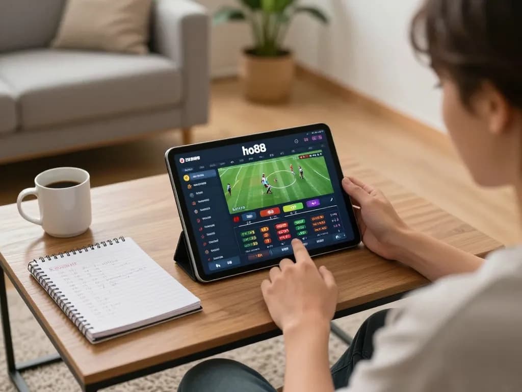 Engaging with the ho88 betting platform in a cozy home setting, highlighting online gaming.