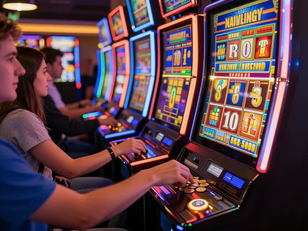 Engaging scene of players at vibrant slot machines enjoying slot pulsa gaming action.