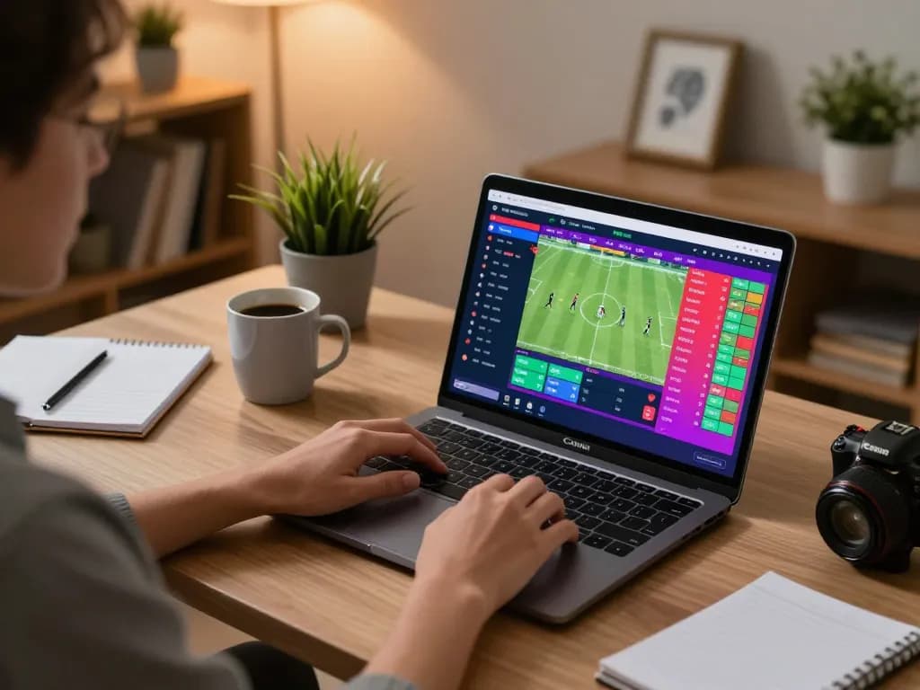 Engaging in kèo bóng đá betting from home, showcasing live match odds on laptop.