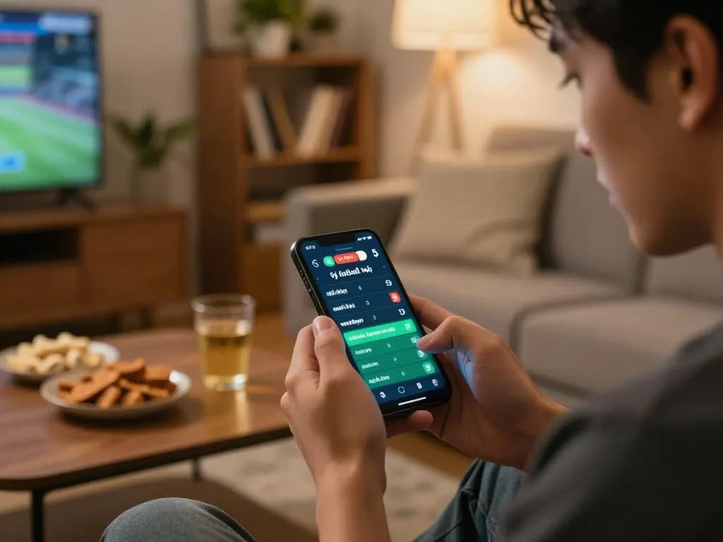 Engaging online betting scene showing tỷ lệ kèo nhà cái 5 odds on a smartphone, focused absorption