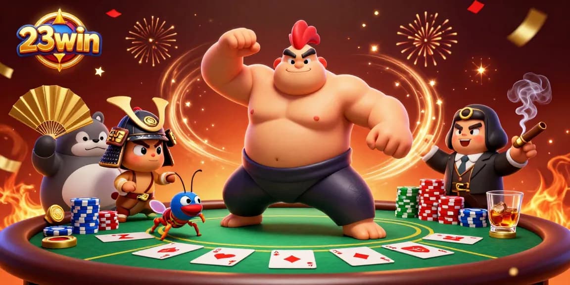 Engage in thrilling poker action with 23win, featuring a dynamic cartoon scene of a rooster, a cricket, and a tanuki.