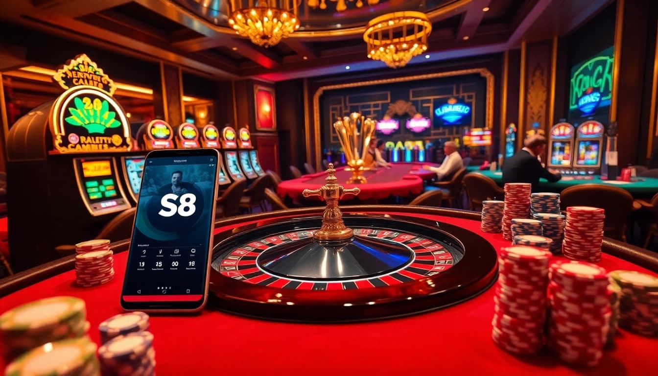 S8 gamblers enjoying an upscale casino experience at a roulette table with vibrant slot machines.