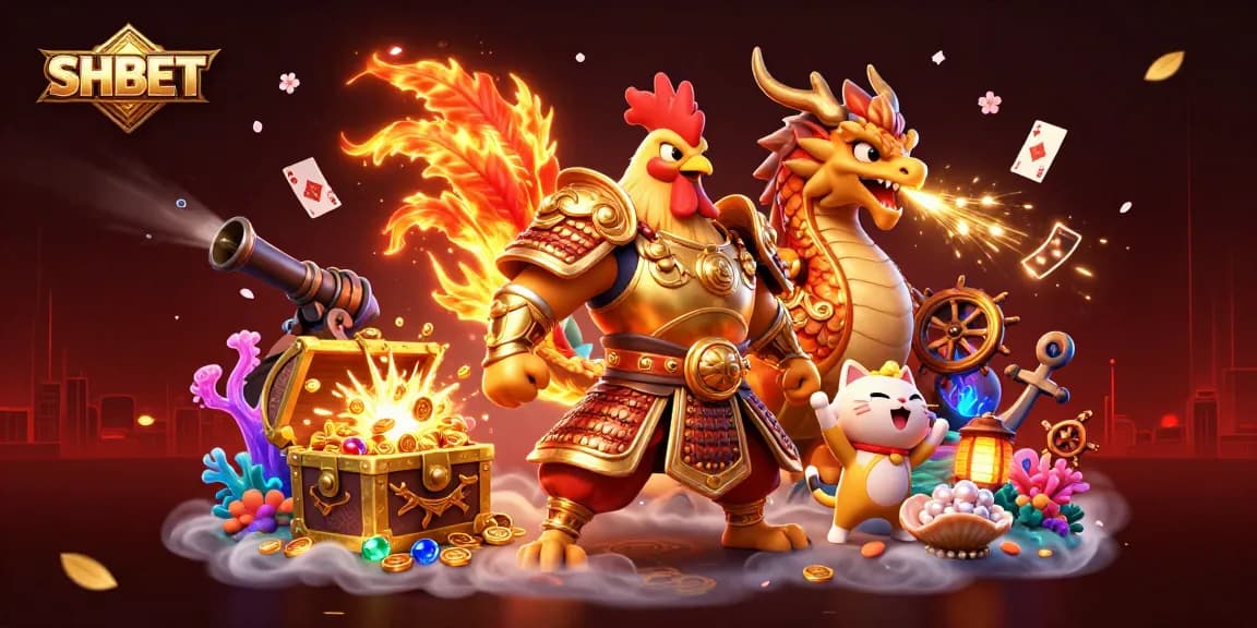 Engage in thrilling adventures at SHBET with an action-packed illustration featuring a warrior rooster and dragon.