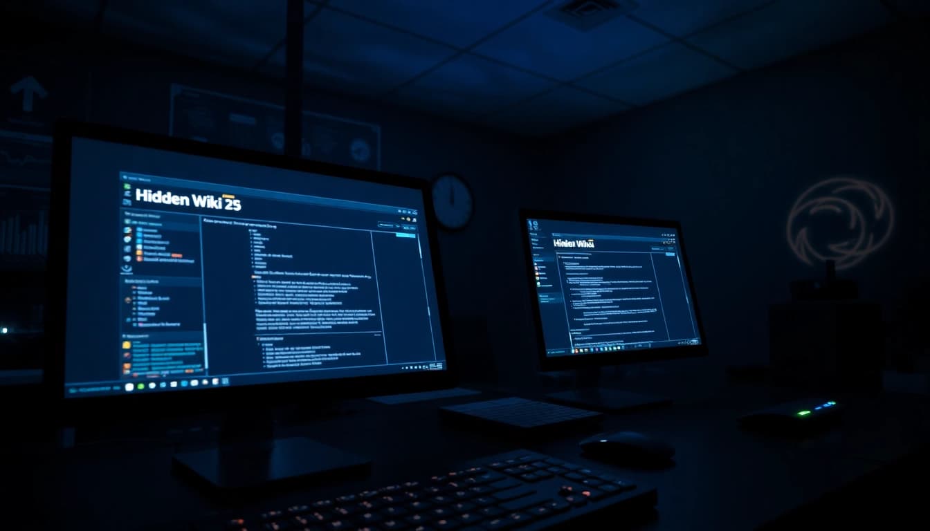 The Hidden Wiki 2026 interface displayed on secure computer screens in a dark web setting.