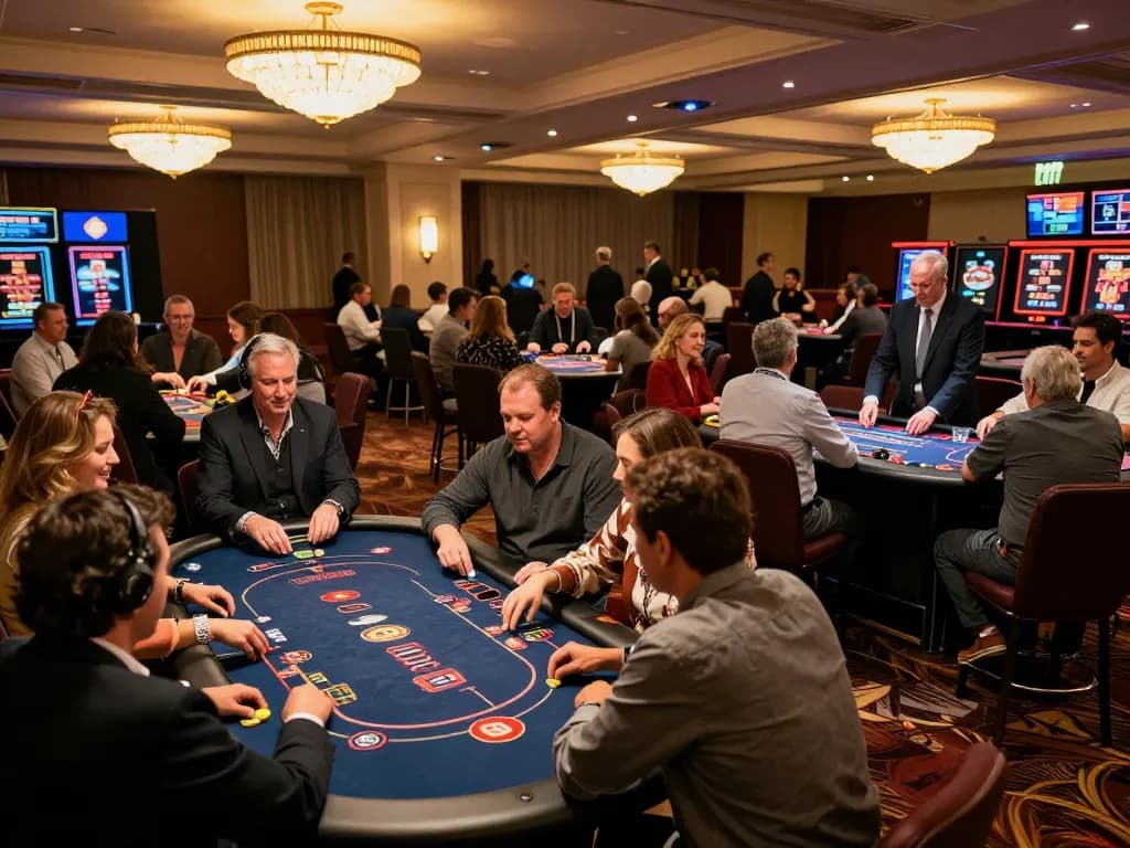 Experience the excitement of Liên minh okwin at a lively casino, with players cheering and engaging in various games.