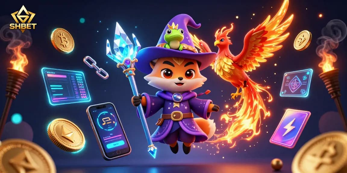 Engage with SHBET’s thrilling gaming scene featuring a wizard fox, phoenix, and crypto elements