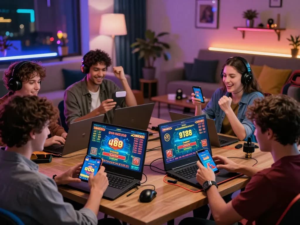 Exciting Game af88 scene with diverse players enjoying online casino games on mobile and laptops, vibrant lounge atmosphere.