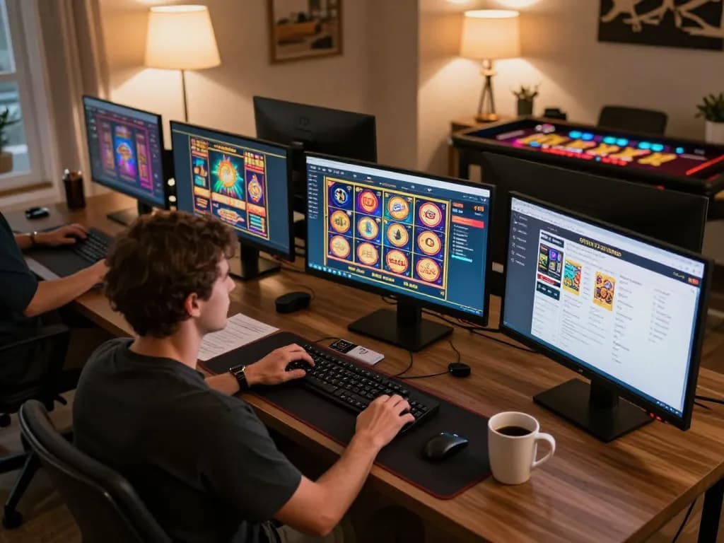 Engaging in online gaming at home with ทางเข้า m108 visible on the screen, displaying vibrant slots and dealer tables.