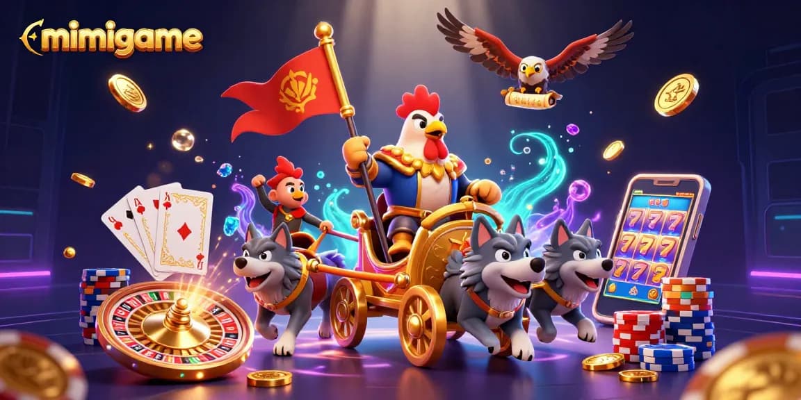 Experience the thrill of mimigame as the rooster warlord commands a golden chariot amidst casino treasures.