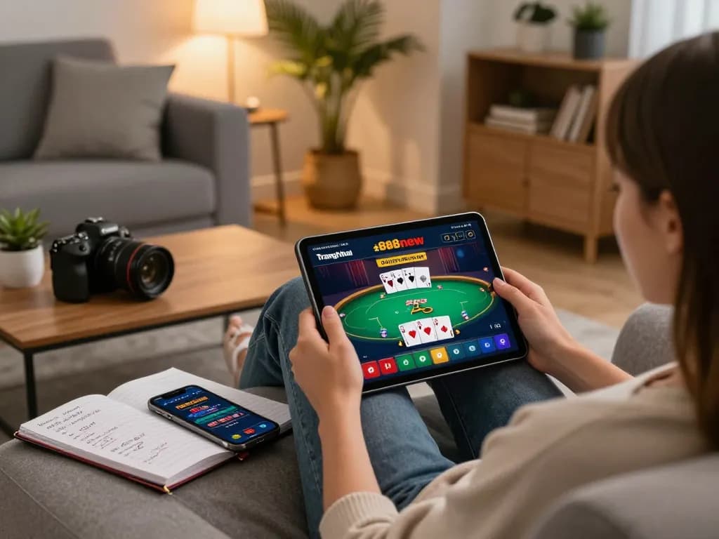 Engaging gameplay on Trang chủ 888new showcased on a tablet in a cozy home setup, offering an inviting online casino experience.