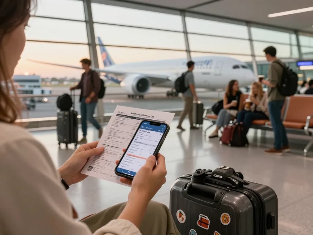 Excited traveler at the airport terminal with 789P boarding pass, showcasing the thrill of travel.