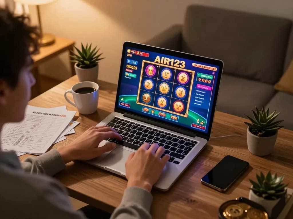 Pengguna AIR123 merencanakan strategi saat bermain slot online, menampilkan pengaturan permainan di rumah yang menarik.