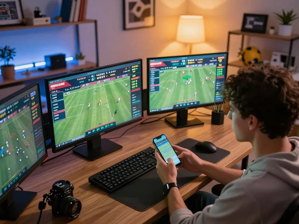 Engaging in strategic sports betting on trang chủ uu88 using a smartphone in a modern home office.