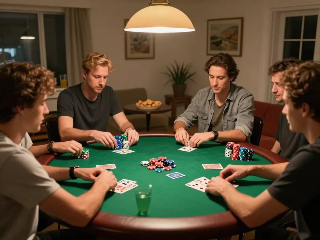 Friends enjoying a lively poker night, illustrating strategic gameplay and camaraderie in a cozy home setting, focusing on Keo nha cai.