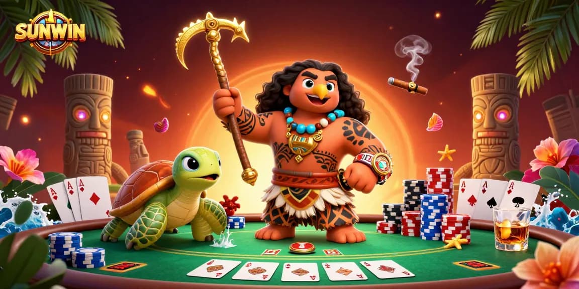 SUNWIN immerses you in a vibrant casino scene with a poker showdown featuring colorful chips and cards.