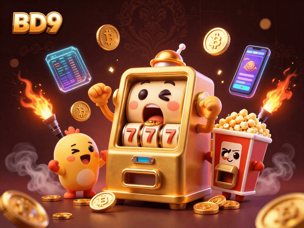 BD9 slot machine wins big as coins burst out, symbolizing excitement in online gaming.