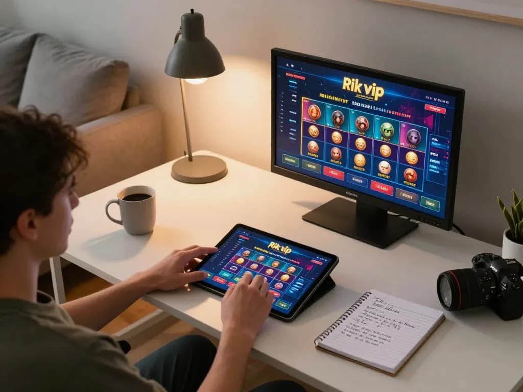 Player engaging with rik vip casino games on a tablet in a cozy home environment.