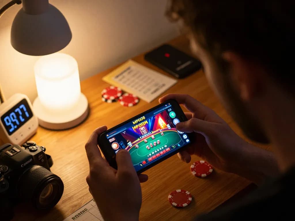 MPO08 player engaged in strategic online gambling with a colorful smartphone interface
