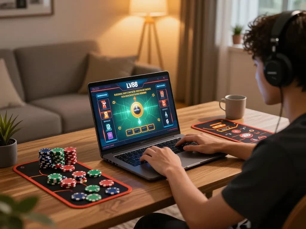 Player engaging in LV88 online casino gaming on laptop with betting strategies in view.