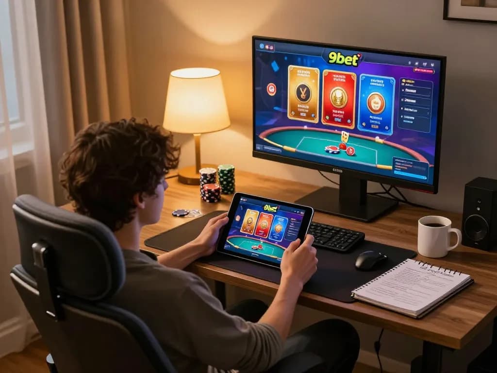Player enjoying a vibrant online gambling experience on 9bet with engaging poker and slot visuals