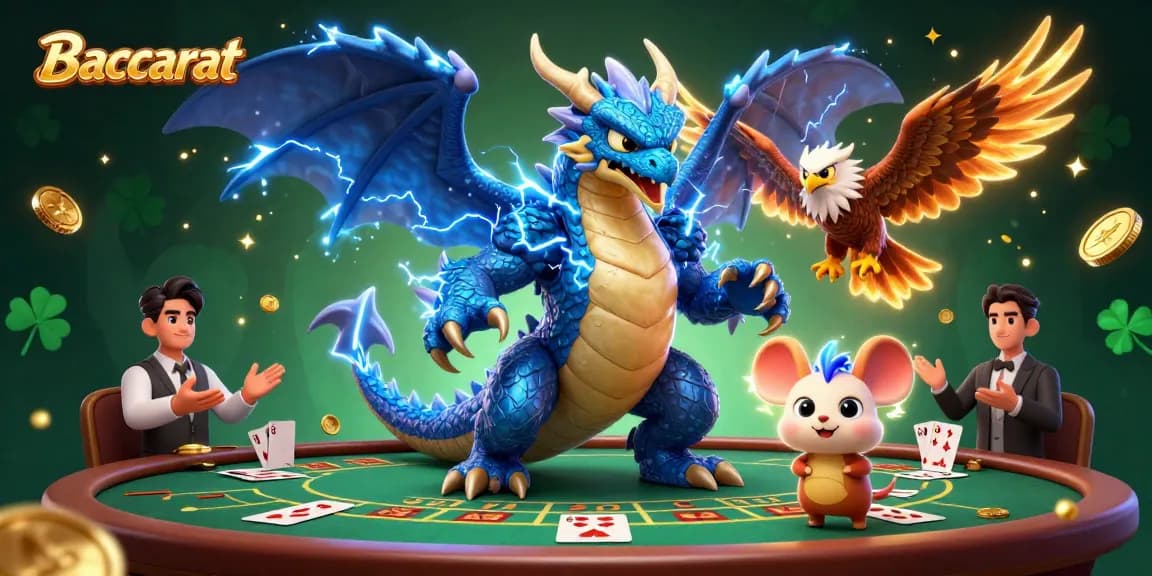 Baccarat game scene featuring a thunder dragon, wind hawk, and thunder mouse amidst vibrant casino elements.