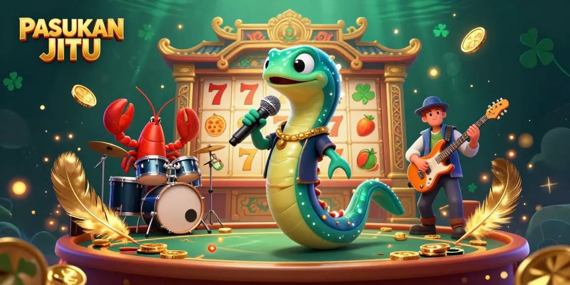 PASUKAN JITU animated casino scene featuring a DJ electric eel, lobster drummer, and seahorse guitarist.