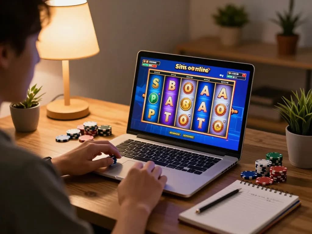 Memainkan situs slot online di laptop, merayakan putaran menang dengan antarmuka yang cerah.