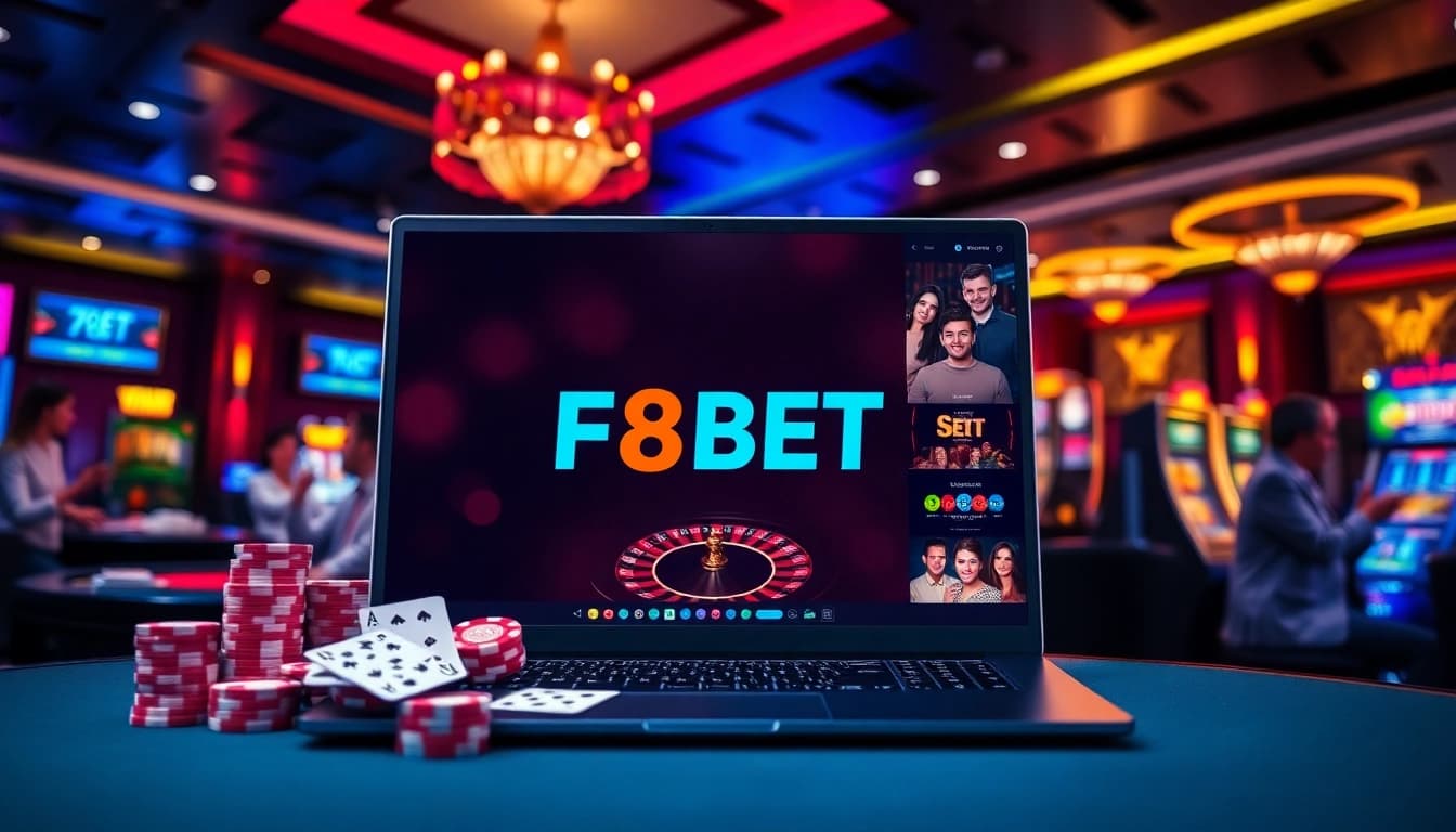 Experience the thrill of F8BET with a luxurious online gaming setup featuring poker chips and roulette wheel.