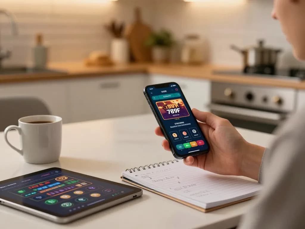 Player engaging with the 789F app on mobile, showcasing strategic betting setup at home.