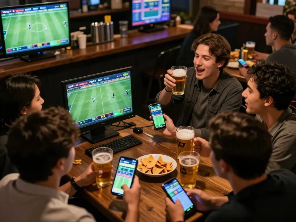 Fans celebrating a kèo nhà cái victory while enjoying live football betting in a vibrant bar atmosphere.