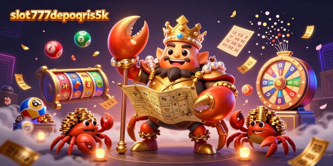 Win big with slot777depoqris5k in this exciting 3D casino scene filled with vibrant lottery elements.