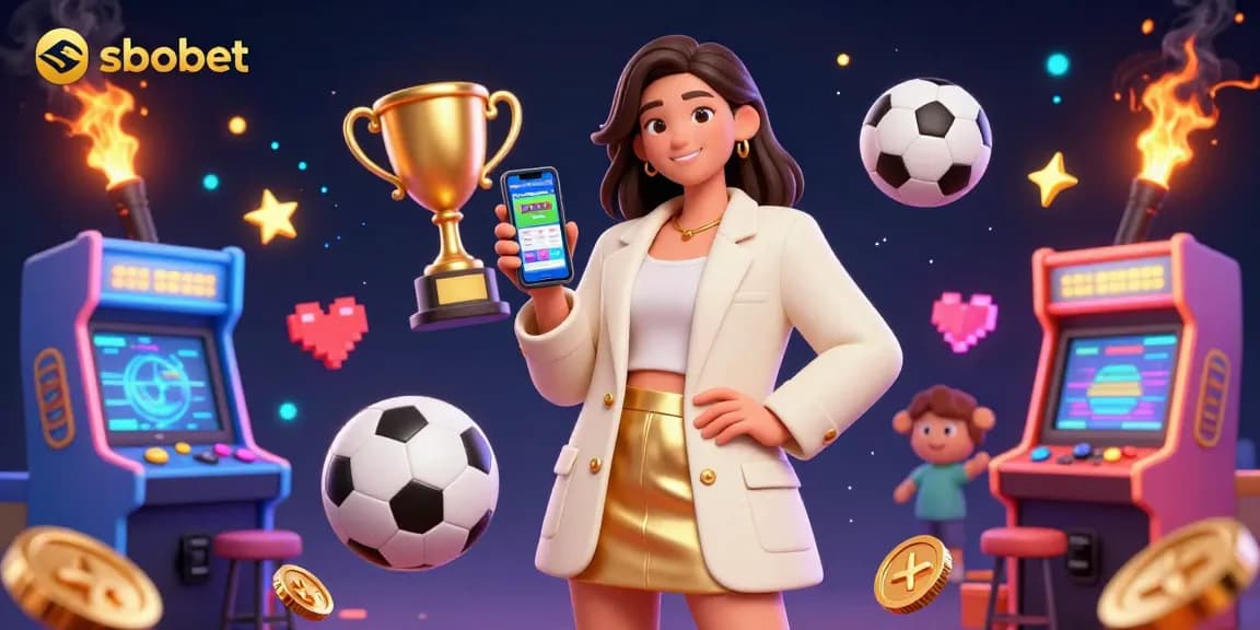 Engage with sbobet’s sports betting app showcased by a smiling Asian woman amidst vibrant casino elements.