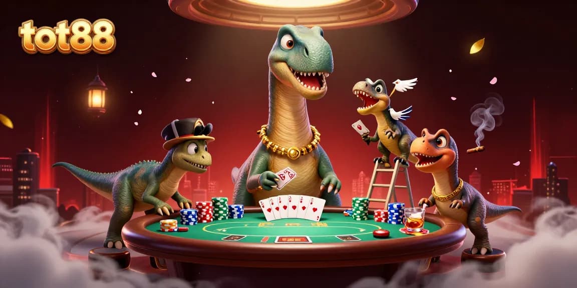Engage with tot88 as a brontosaurus peers down at a poker game while a clever raptor deals cards.
