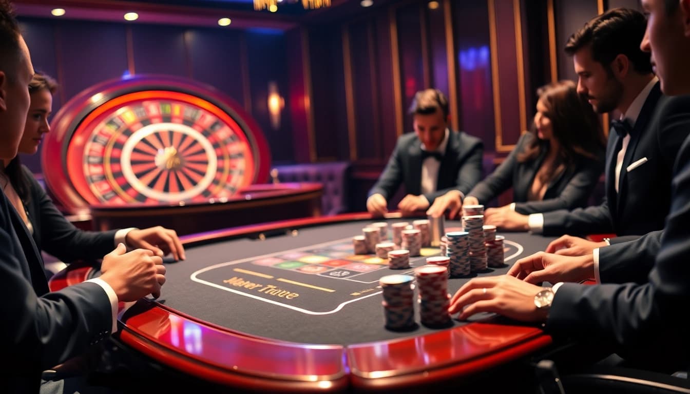Players engage in a high-stakes game at HB88's luxurious casino table, showcasing excitement and professionalism.