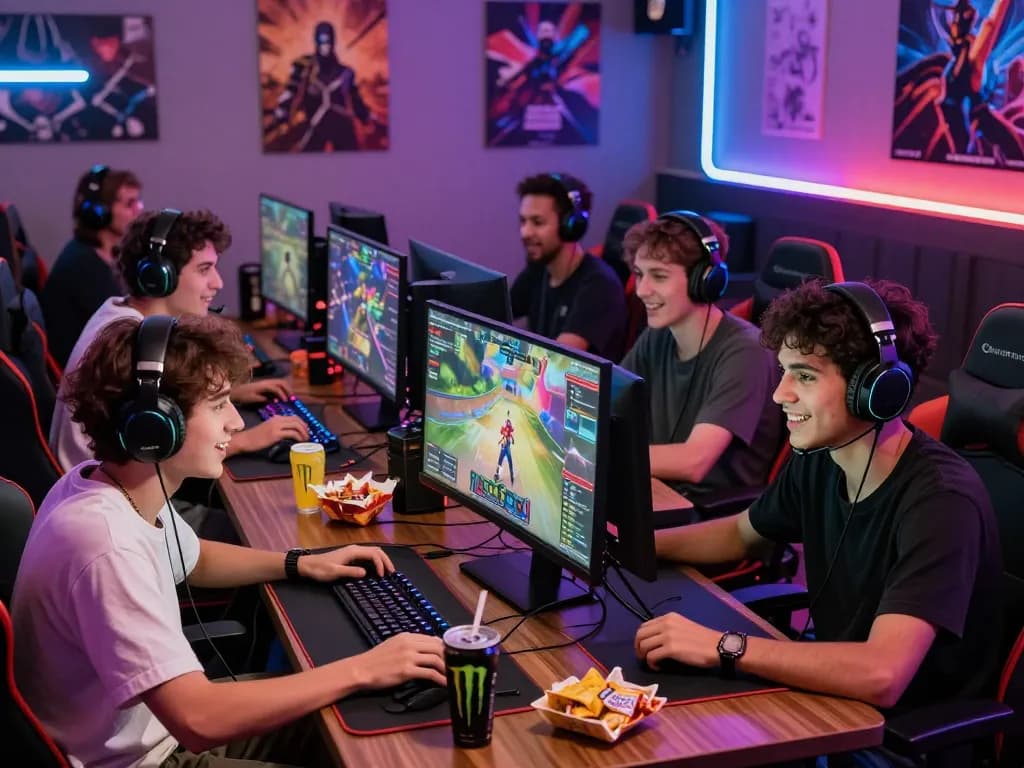 Friends experiencing the thrill of competitive gaming with sunwin9 cocom logos in a vibrant, engaging environment filled with gaming gear.