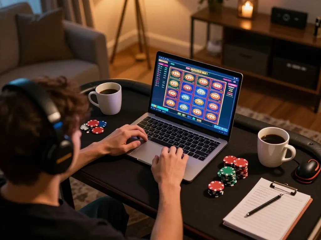 Engaging gameplay at non UK casinos with a user immersed in slot action and strategic notes.