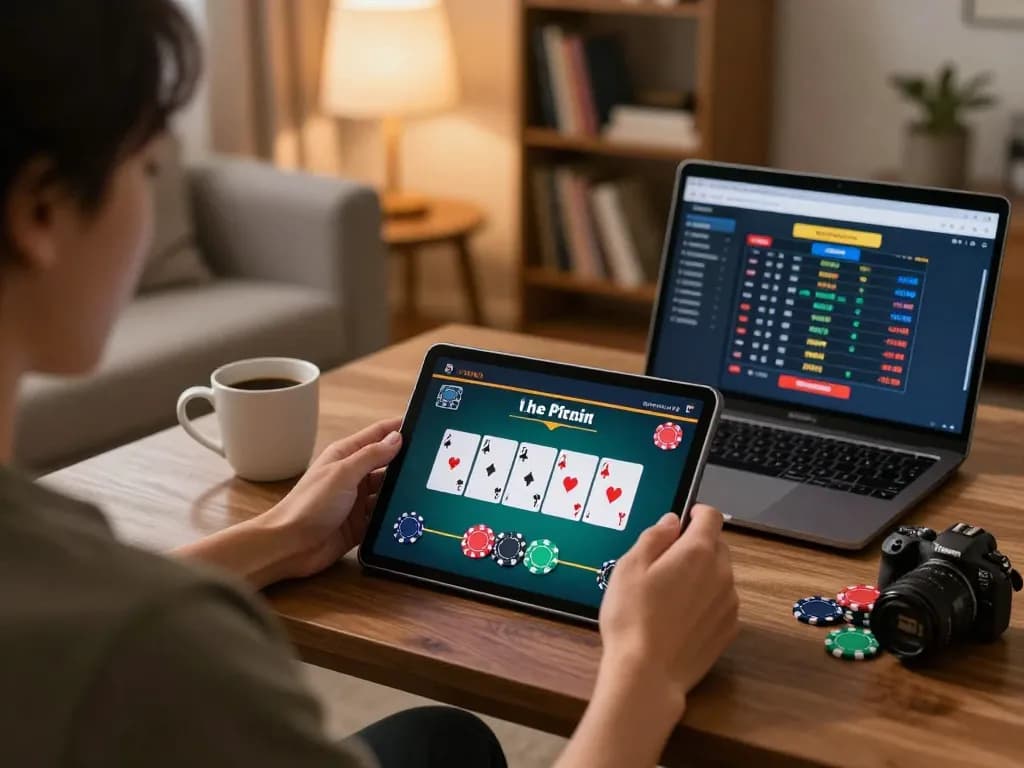 Engaging in online poker at home with mm88bet on tablet, showcasing a relaxed gaming atmosphere.