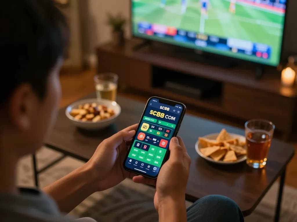 Placing bets on sc88 COM mobile app during live sports event with engaging atmosphere.