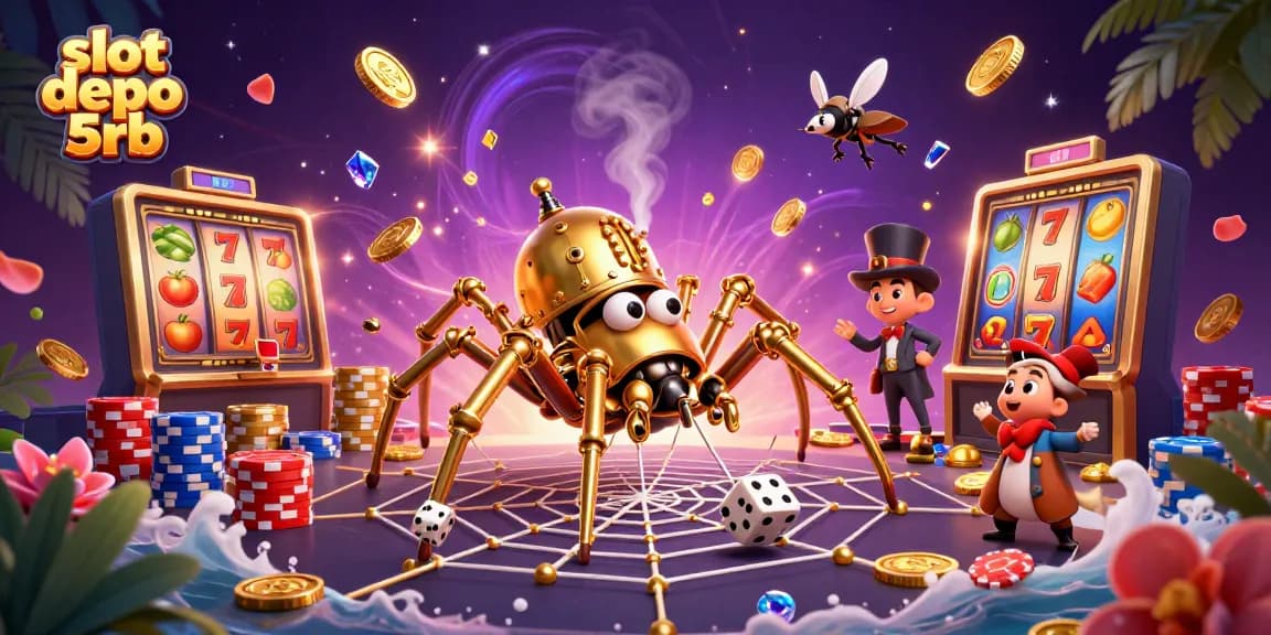 Engage with slot depo 5rb through a vibrant 3D casino-themed scene filled with dynamic gaming elements.