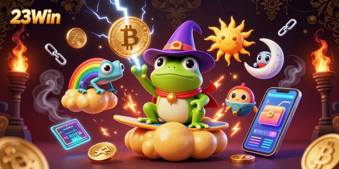 Experience the excitement of 23Win with a vibrant casino-themed illustration featuring fantastic characters and gaming elements.