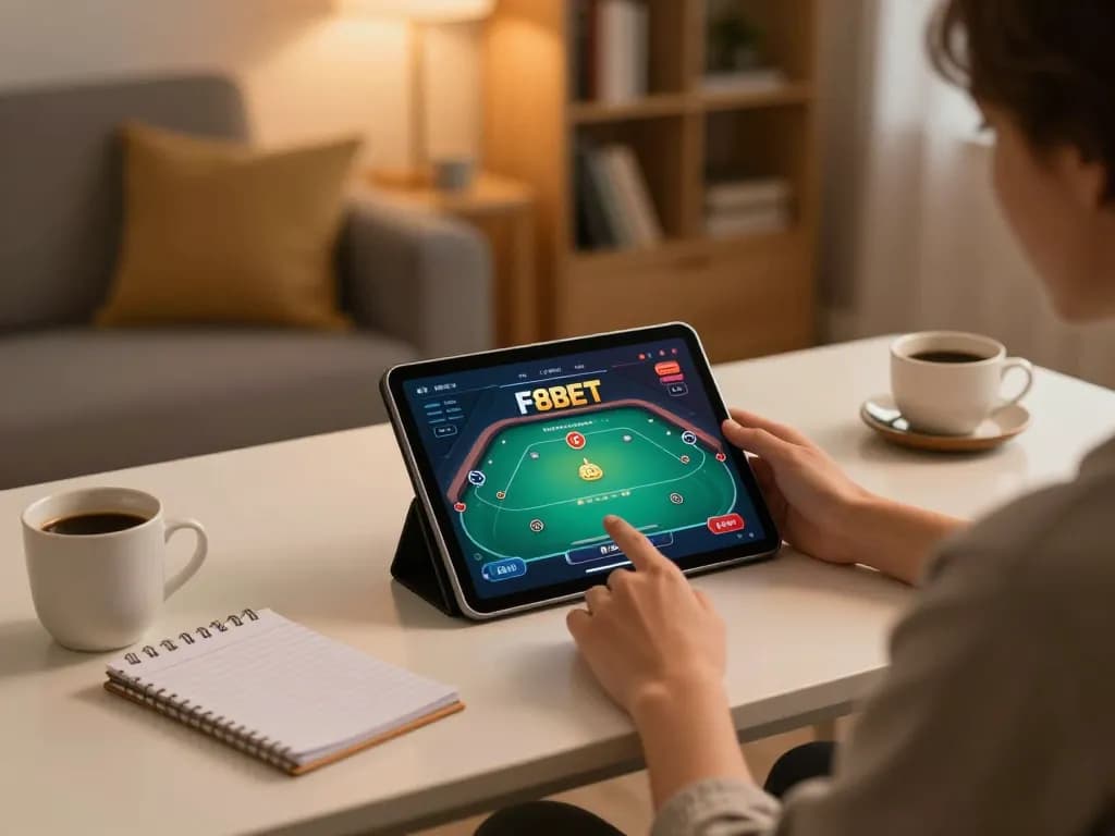 Person playing poker on F8BET app at home, showcasing strategic gaming atmosphere.