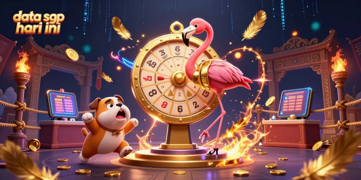 Check the latest data sgp hari ini with a lively illustration of a game show host and contestants.