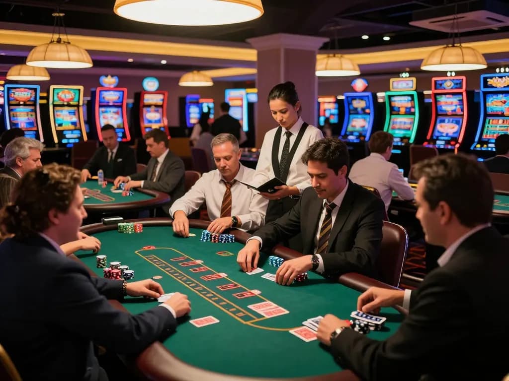 Players enjoying blackjack at KP88 casino floor, immersed in thrilling gameplay and vibrant atmosphere.